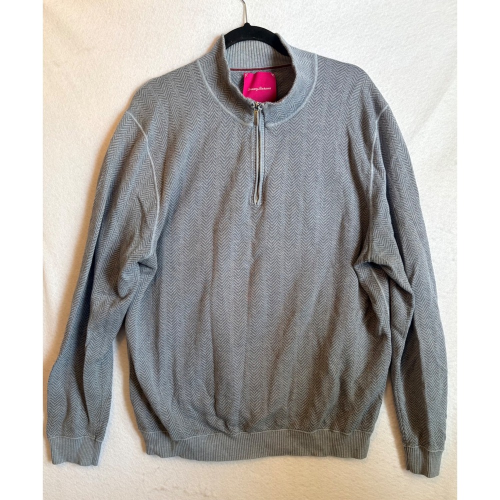 Tommy Bahama Mens XL Pima Cotton Herringbone Quarter Zip Pullover Blue Gray